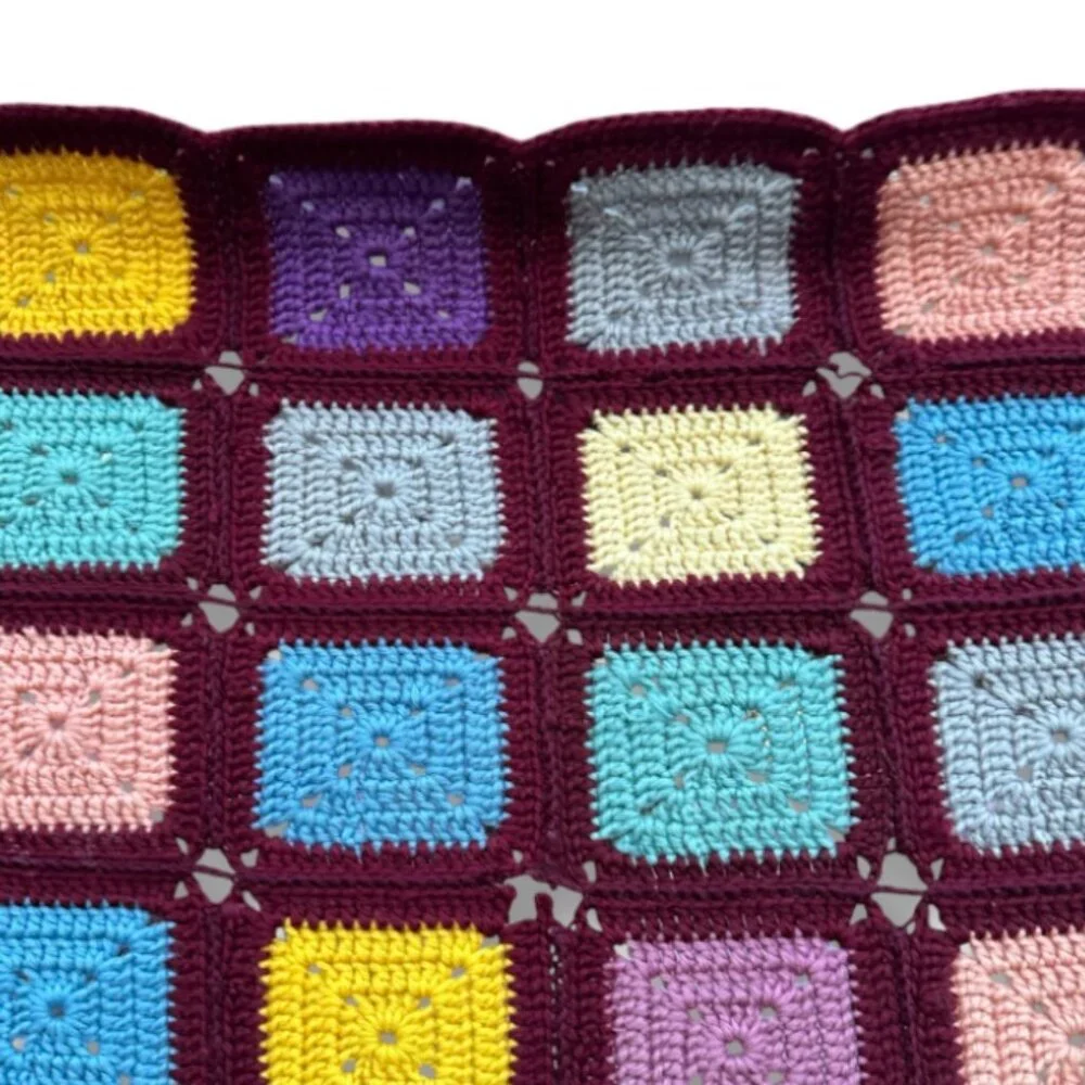 Vintage‎ Burgundy Colorful Granny Square Afghan Blanket Crochet Throw 52